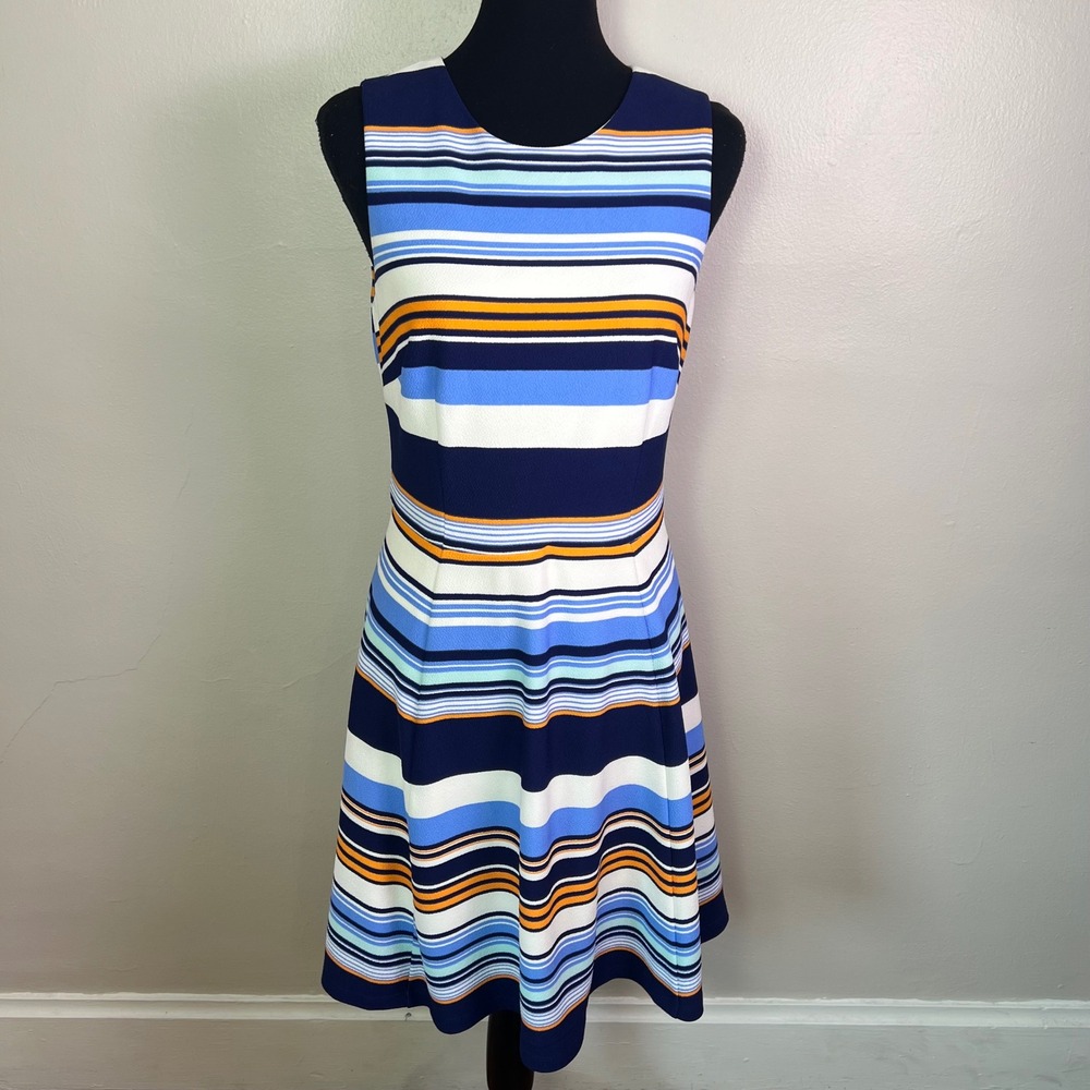 Vince Camuto Striped Fit and Flare Dress 8 Blue Orange Nautical Retro-Modern
